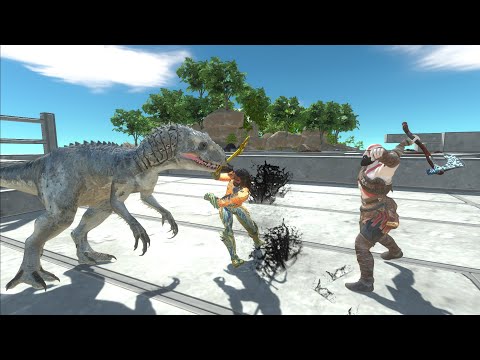 AQUAMAN AND KRATOS VS INDOMINUS REX DEATH RUN - Animal Revolt Battle Simulator