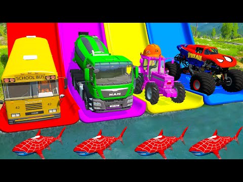 Monster Trucks Potholes Flatbed Long Trailer Truck Car Rescue Bus - Cars vs Deep Water - BeamNG