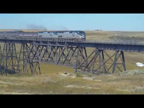 Eastbound Amtrak Empire Builder crosses Cut Bank Creek in western Montana