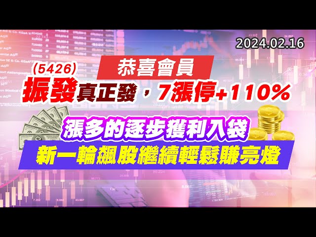 20240216《股市最錢線》#高閔漳 “恭喜會員5426振發(真正發)，7漲停+110%””漲多的逐步獲利入袋，新一輪飆股繼續輕鬆賺亮燈”