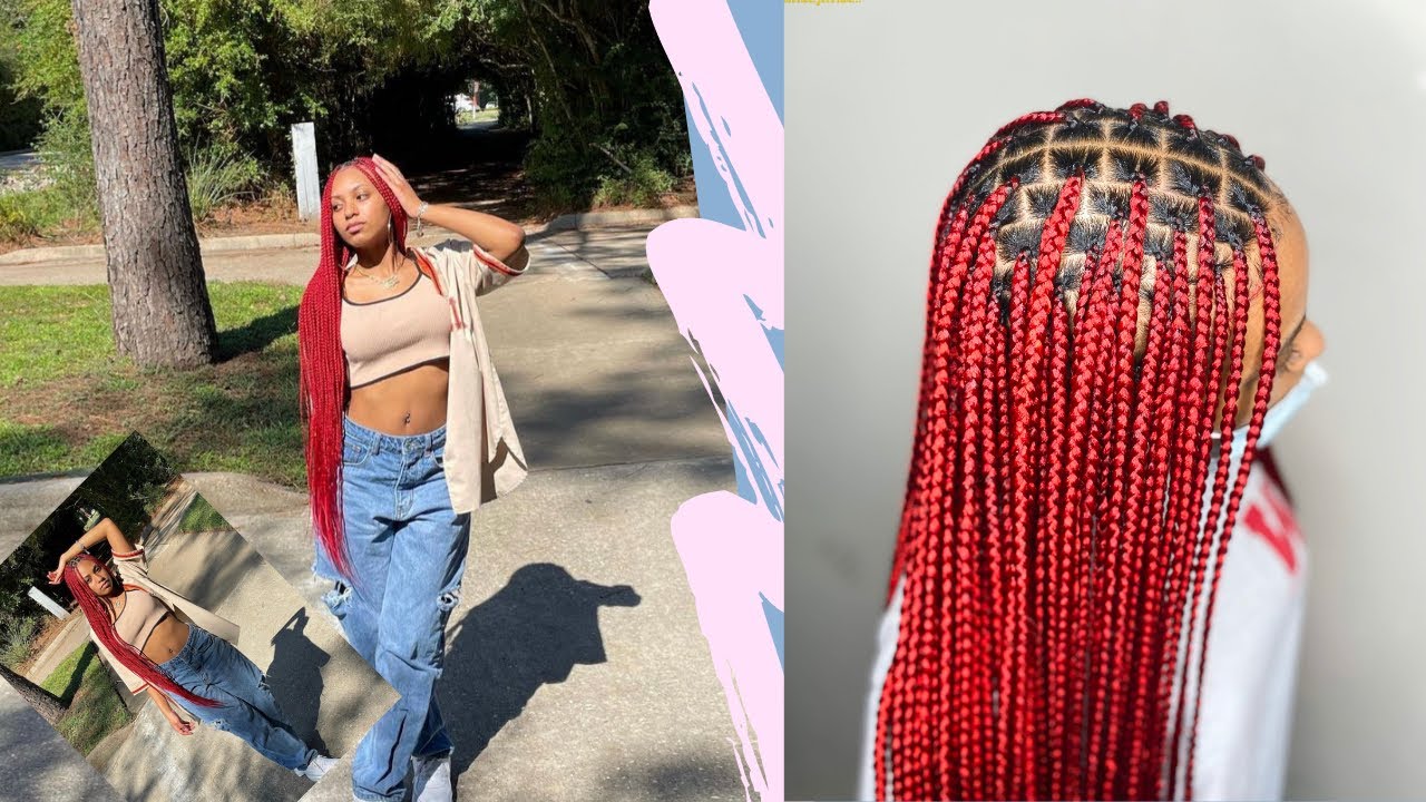 Small Medium Knotless Braids Butt Length | (using red color)