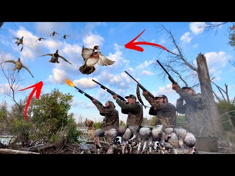 Secret TIMBER Slough! Duck Hunting 4 Man LIMIT! INSANE Mixed bag - Public Land Duck Hunting