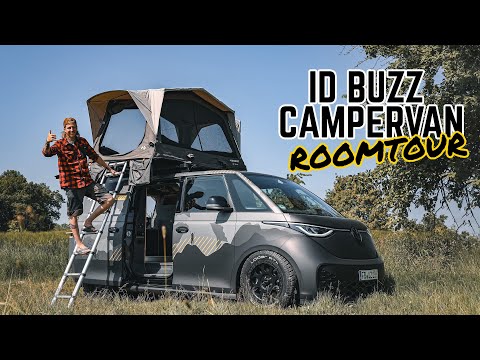 VW ID BUZZ, ⚡️Der coolste Elektro Campervan mit Dachzelt, Ausziehküche und Airride!  FULL ROOMTOUR