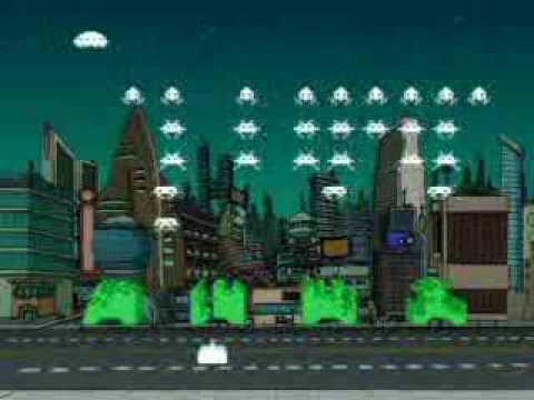 Fry battles space invaders while listening to RUSH