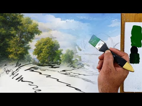 Tutorial Clouds and trees /Landscape acrylic painting for beginners