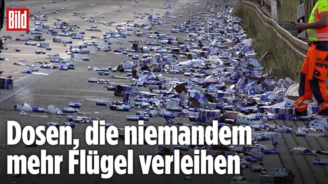 PFORZHEIM: A8 wegen Red-Bull-Flut gesperrt! Lastwagen verliert Fracht