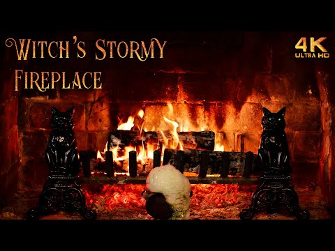 Witch's Stormy Fireplace ~ Bubbling Cauldron Halloween Ambience ~ Rain & Thunderstorm Sounds