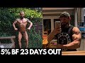 5% BODY FAT 23 DAYS OUT | ALMOST BREAKING MY LEG | NUTRITION AROUND WORKOUT.