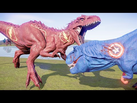Superman Tyrannosaurus Rex, Flash Indominus Rex, Deadpool Spino Fight in Jurassic World Evolution