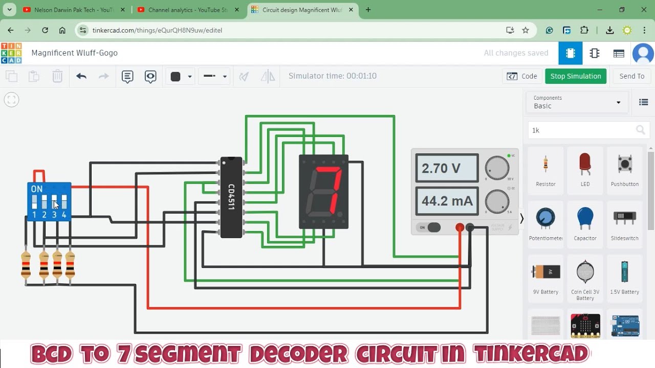 simulation of bcd to seven segment decoder circuit in tinkercad | bcd to 7 segment decoder circuit