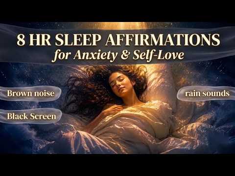 8 Hour Sleep Affirmations for Anxiety & Self-Love | Black Screen, Rain & Brown Noise