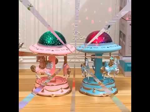 Wooden LED Carousel Music Box Carousel Decoration Luminous Round Music Box