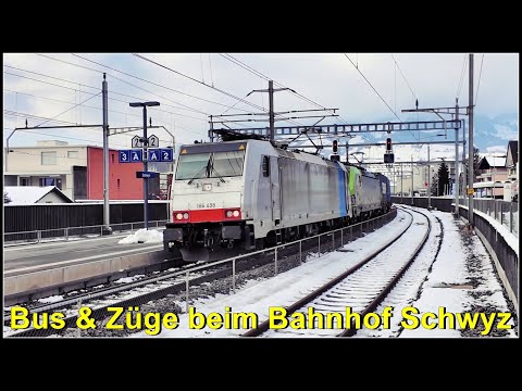 Züge und Busse beim Bahnhof Schwyz