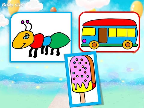 تعليم الرسم للاطفال | الايس كريم و الاتوبيس و النملة | How to draw ice cream, bus, ant | بيبى ستار هنا hana