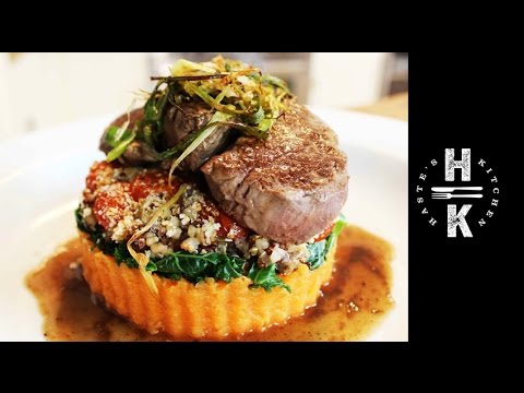 Fillet Steak, Stuffed Quinoa, Balsamic Tomatoes Mushroom, Sweet Potato and Kale