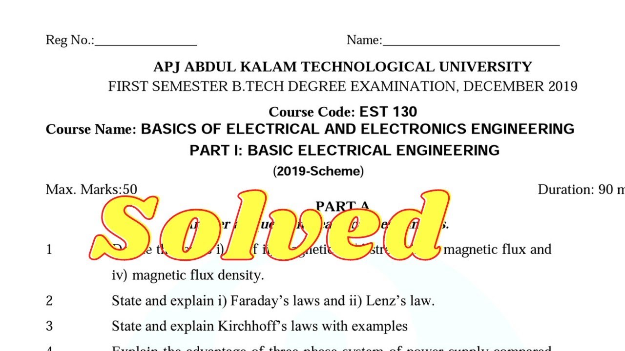 EST 130 BASIC ELECTRICAL ENGINEERING PREVIOUS YEAR UNIVERSITY QUESTION PAPER DISCUSSION || KTU