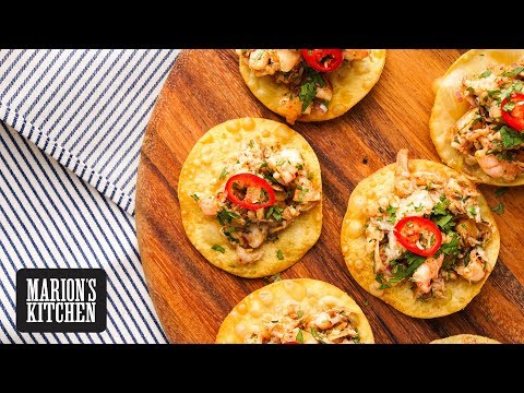 Crispy Fried Wonton Canapes Topped with Crab, Prawn & Kaffir Lime Salad