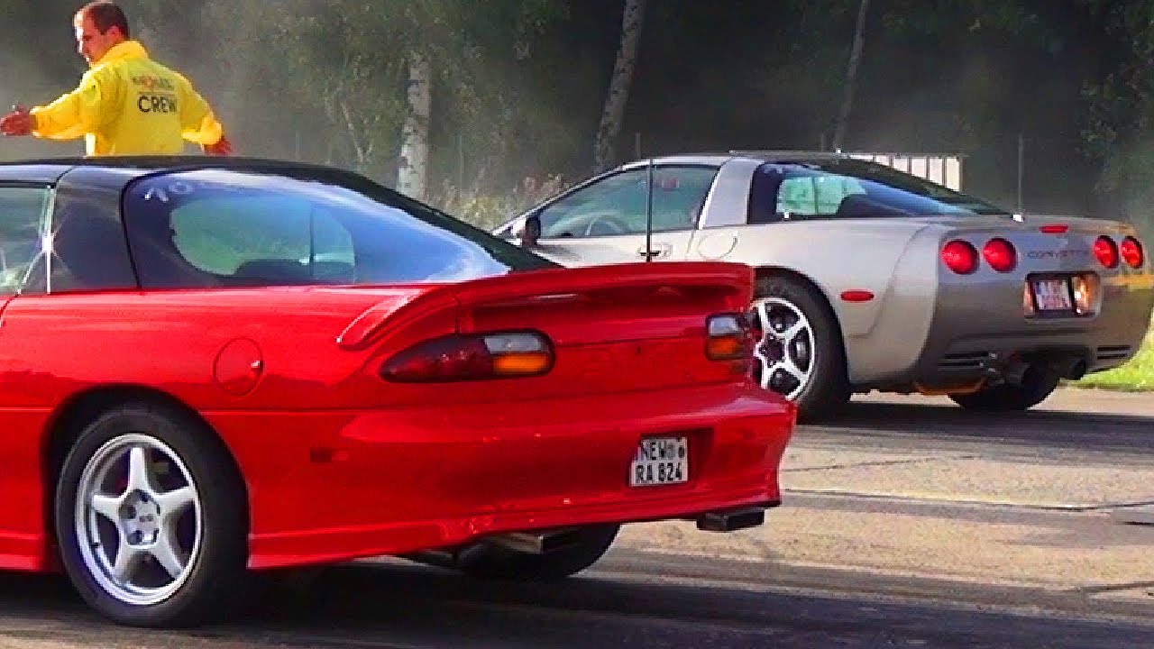 Corvette C5 z06 VS Chevrolet Camaro z26 - 1/4 Mile Race Viertelmeile Acceleration Sound V8 BURNOUT