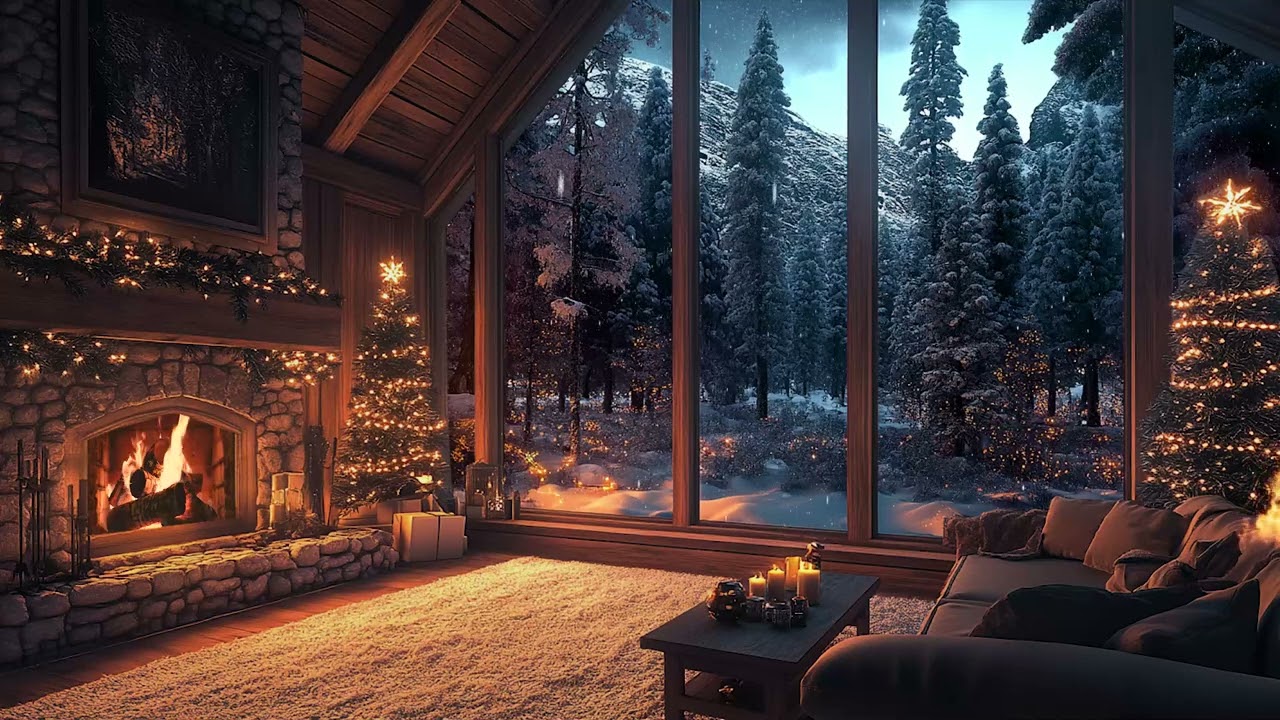 ASMR Snow and Fireplace Ambience - Chilling Winter outside Window and Warm Crackling Fire Sounds