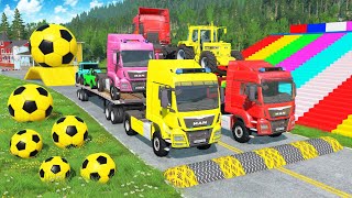 Flatbed Trailer McQueen Transportation with Truck - Speedbumps vs Cars vs Train - BeamNG.Drive #06
