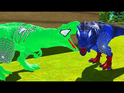 GREEN SPIDERMAN T-REX vs BLUE SPIDERMAN T-REX JUNGLE DEATH RUN #2 - Animal Revolt Battle Simulator