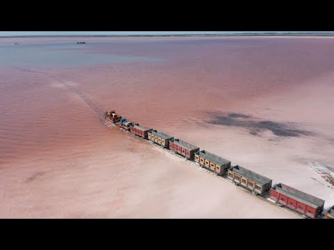 Train Travels Across Stunning Pink Salt Lake