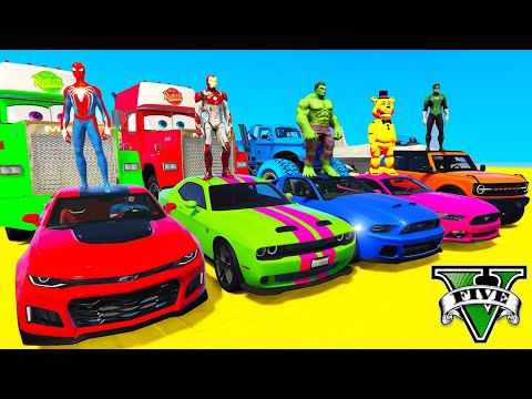 SPIDERMAN CARS STAIRS Ramp JUMP Challenge ! SUPERHERO HULK IronMan Trevor and Friends Stunt - GTA V