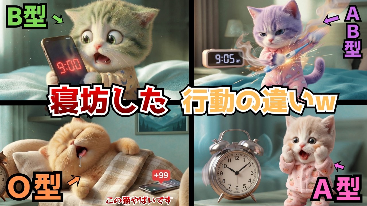 【血液型あるある】寝坊した猫がエグい🐱O型AB型に驚愕w A型B型は？