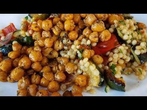 Roasted Veggie Couscous and Garlic Herb Chickpeas