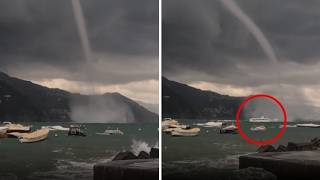 Il passaggio di una tromba d'aria al largo di Rapallo: il vortice sfiora un battello turistico in...