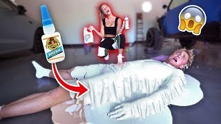 MY GIRLFRIEND GLUED ME TO THE FLOOR!! (REVENGE PRANK)