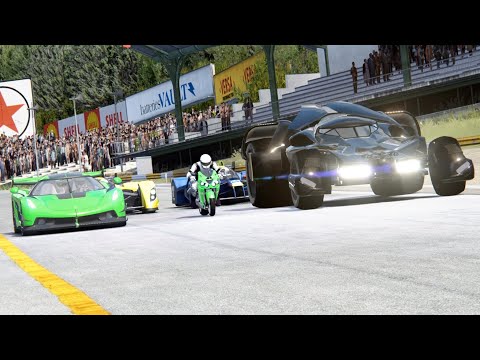 Kawasaki Ninja ZX-14R vs Batmobile vs Koenigsegg Jesko vs Red Bull X2010 at Old SPA