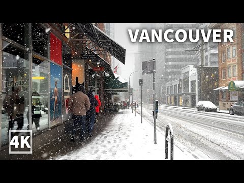【4K】Snowy Walk in Downtown Vancouver from Morning to Night (Relaxing Sounds Of Snowfall  )