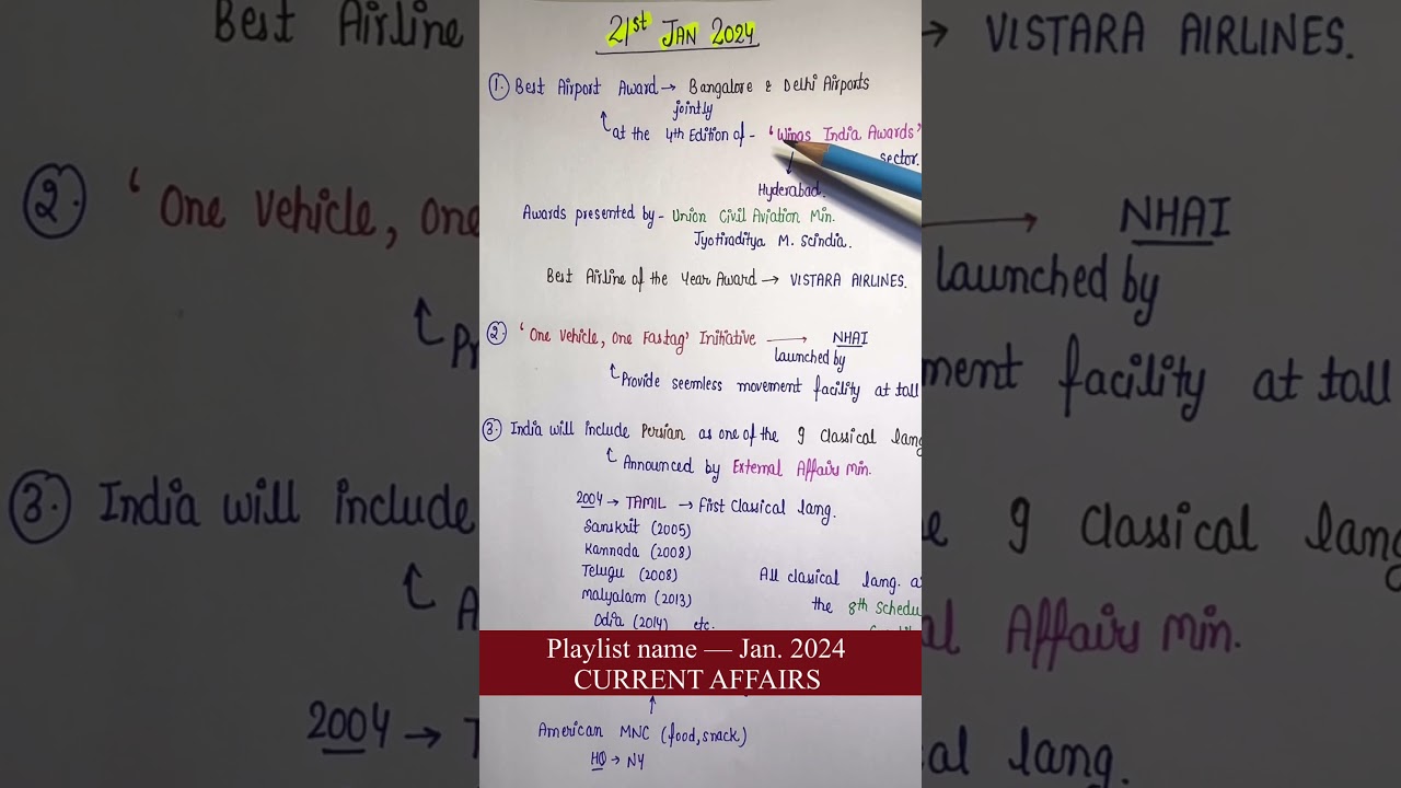 21st January 2024 || Daily current affairs || Handwritten notes || An Aspirant !