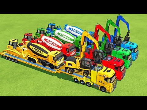 TRANSPORTING EXCAVATOR, RENAULT POLIMIX MIXER TRUCK, BULLDOZER TO GARAGE WITH MERCEDES TRUCK - FS22