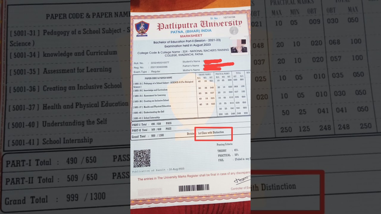B. ed final 999/1300 #firstclass  #distinction #original #marksheet