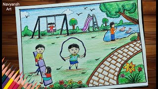 How to draw Park Scenery step by step / Drawing of Playground / Children playing in the park drawing