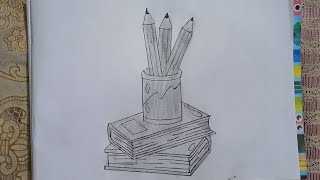 How To Draw Pen Holder Easy || How To Draw A Stack of Book Step By Step || Pencil Holder Drawing