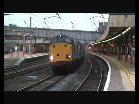 37038 with 37423/57011/57009 DIT 6C53 Crewe - Sellafield flask(s) at Lancaster, 9th November 2011