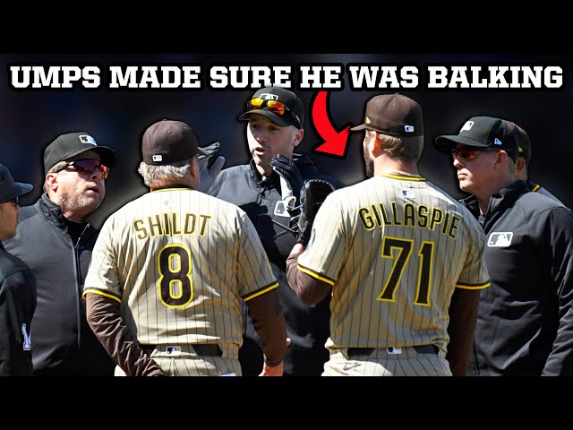 Umpires huddle up for a long time to confirm that the Padres reliever was balking, a breakdown