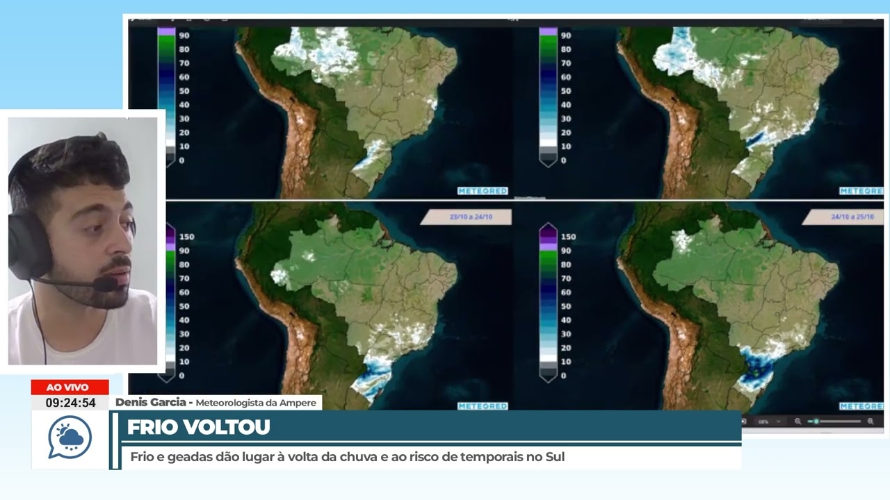 Tempo severo no sul com geada, chuva e temporais. Ar seco e quente no Brasil Central