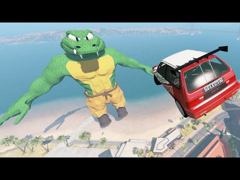 Crazy Vehicle Huge Ramp Jumps Over Crocodile -  Beamng  Drive