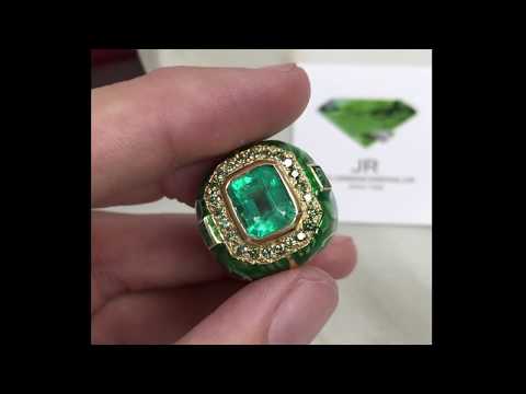 Emerald Cut Emerald and green Diamond enamel mens ring in 18K