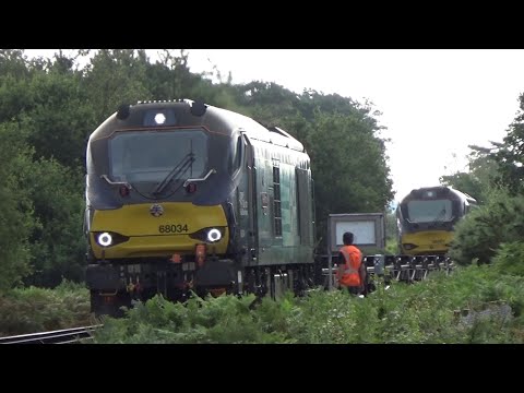 DRS 68s arrive at Winfrith Sidings; 68001 "Evolution" & 68034 "Rail Riders" deliver PFAs; 10 Aug '23
