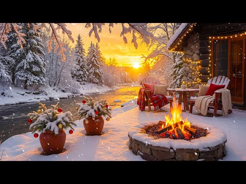 Peaceful Cabin Ambience in Winter Forest ❄️🔥 Cozy Fire Pit & Calming River Sounds for Relaxation