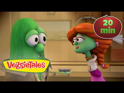 Two VeggieTales characters face each other in a kitchen, with the VeggieTales logo in the corner and a 20‑min badge visible on the right.