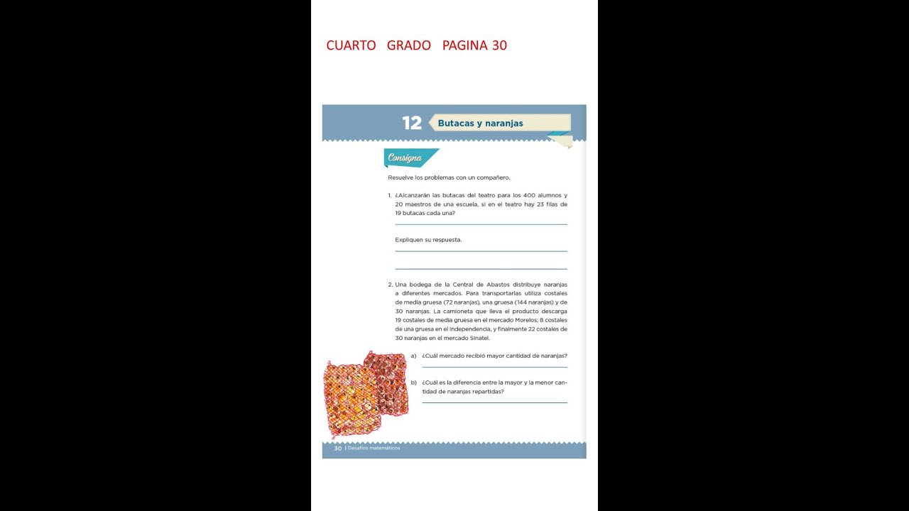 Mate 4to. Desafío 12 Página 30 Butacas y naranjas, problemas de multiplicación