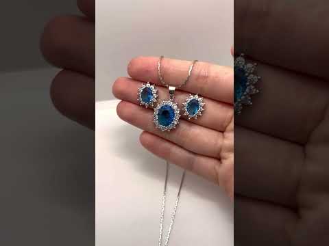 Подарок девушке набор "Голубой топаз" серьги и колье с цирконами в серебристой оправе в бархатной коробочке - фото 2 - id-p2456301841