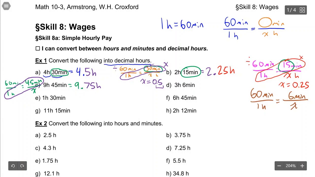 Converting Between Minutes and Decimal Hours (Calculating Wages Pre-Requisite Skill, AB Math 10-3)