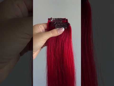 Натуральные волосы на заколках 50 см, 6 прядей, красные video